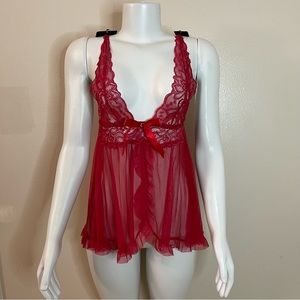 Red lingerie mesh deep plunge babydoll